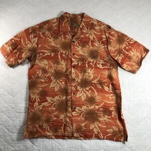 Caribbean Shirt Mens Medium Orange Floral Buttoned Linen Hawaiian Bamboo